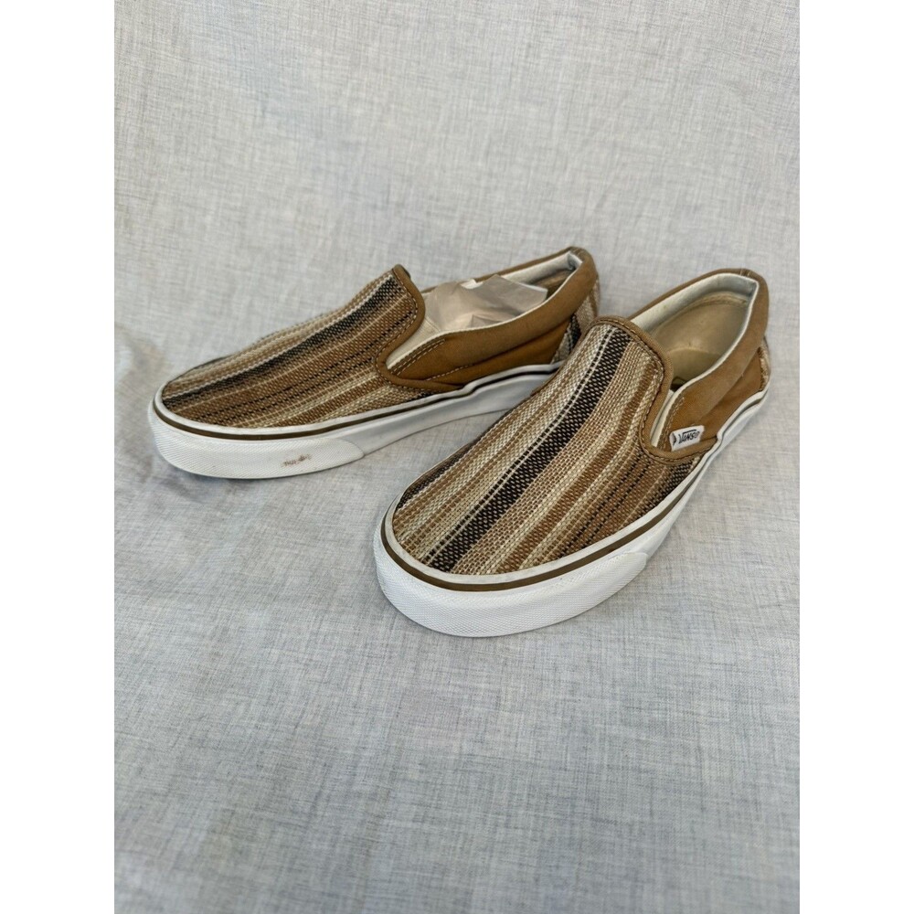 Vans Classic Slip On Woven Casual Shoes Mens 6 Womens 7.5 Beige Striped Pattern